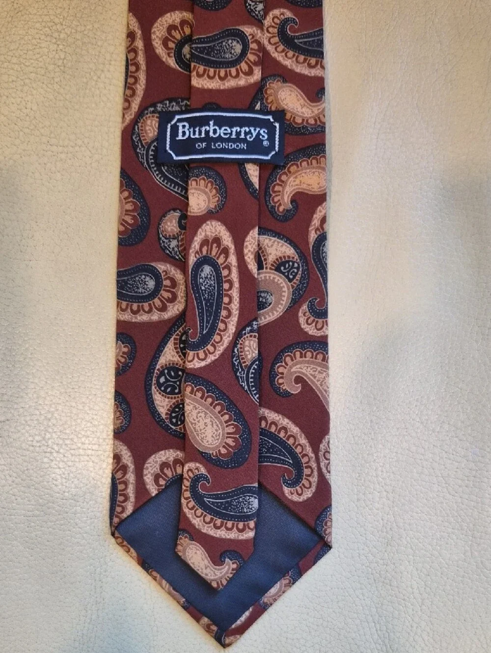 Vintage Burberrys Of London Burgundy Paisley Silk Tie with Navy and Cream Accent